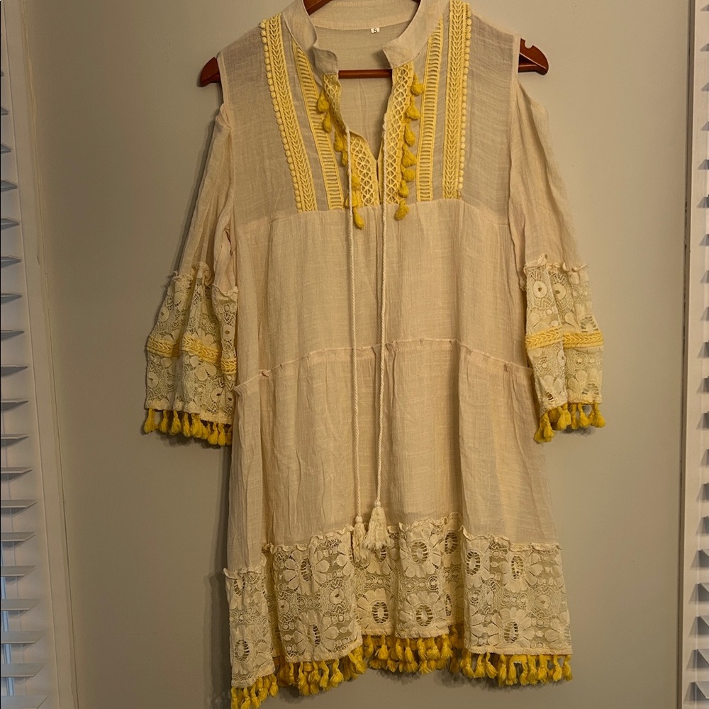 Boho Tassel Trim Midi Dress in Cream and Yellow
